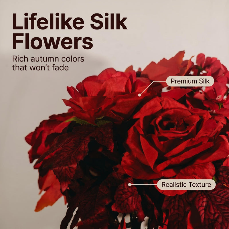 2-Pack Fall Grave Flowers – 24-Head Silk Rose & Begonia Bouquets with Ground Stakes