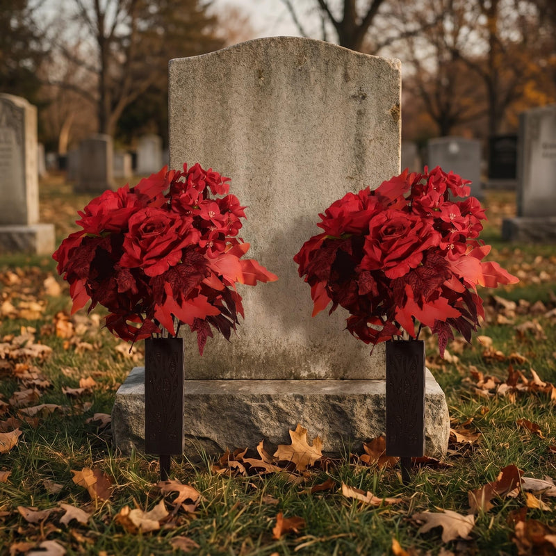2-Pack Fall Grave Flowers – 24-Head Silk Rose & Begonia Bouquets with Ground Stakes