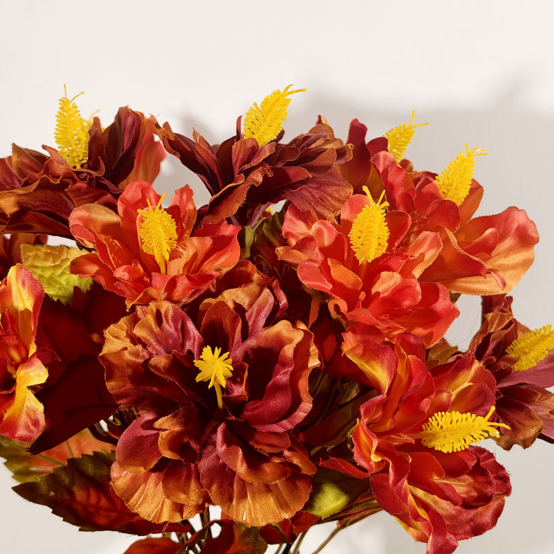 14" Faux Autumn Hibiscus Plant, Realistic Sunset Ombre Flowers in Pot, Small Artificial Plant for Thanksgiving, Mantel, Tabletop Home Decor