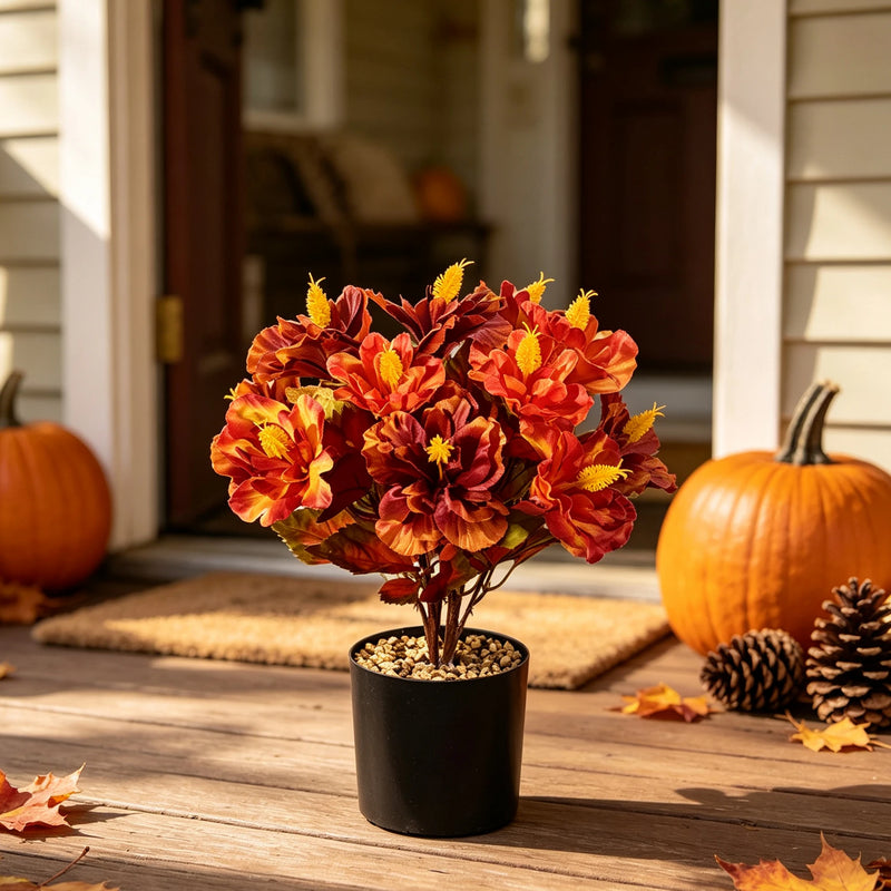 14" Faux Autumn Hibiscus Plant, Realistic Sunset Ombre Flowers in Pot, Small Artificial Plant for Thanksgiving, Mantel, Tabletop Home Decor