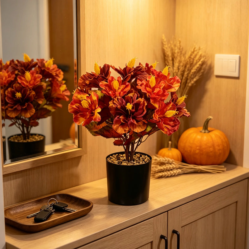 14" Faux Autumn Hibiscus Plant, Realistic Sunset Ombre Flowers in Pot, Small Artificial Plant for Thanksgiving, Mantel, Tabletop Home Decor