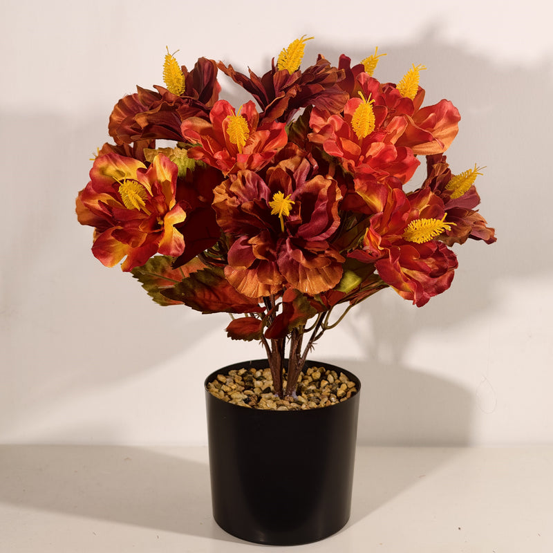 14" Faux Autumn Hibiscus Plant, Realistic Sunset Ombre Flowers in Pot, Small Artificial Plant for Thanksgiving, Mantel, Tabletop Home Decor