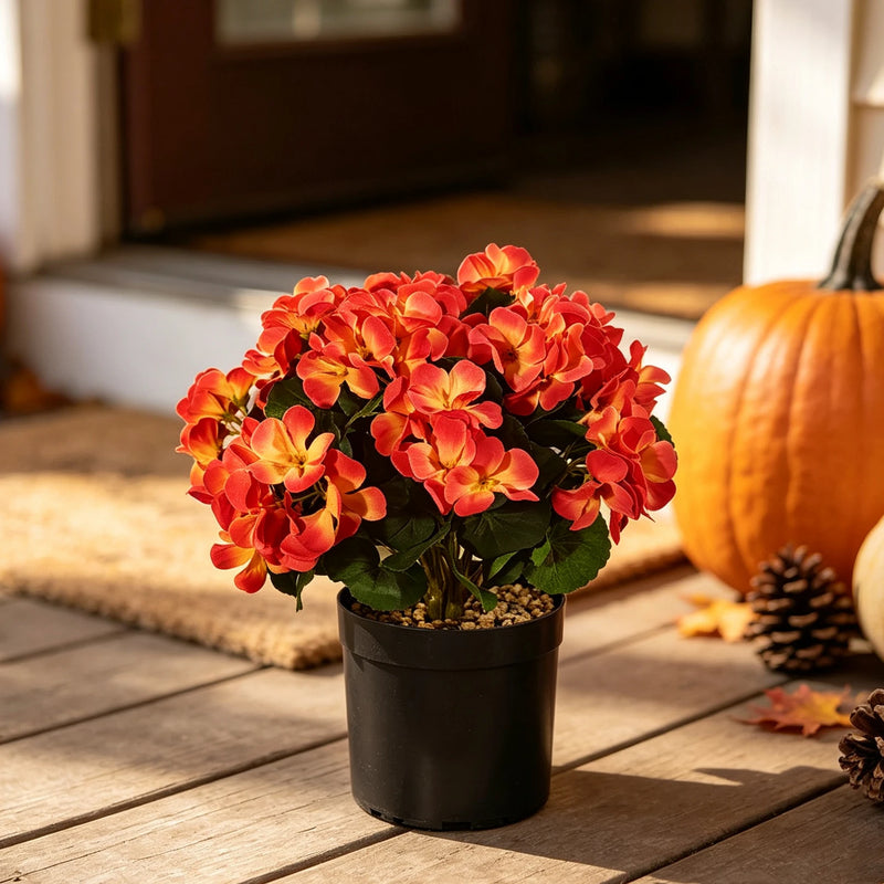 Faux Geranium Potted Plant, 12 Inch Realistic Sunset Orange Flowers, Artificial Autumn Floral for Home Decor, Wedding Centerpiece, Mantel