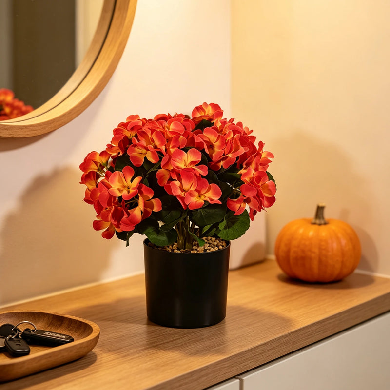 Faux Geranium Potted Plant, 12 Inch Realistic Sunset Orange Flowers, Artificial Autumn Floral for Home Decor, Wedding Centerpiece, Mantel