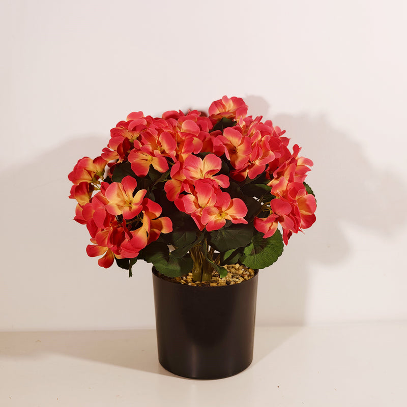 Faux Geranium Potted Plant, 12 Inch Realistic Sunset Orange Flowers, Artificial Autumn Floral for Home Decor, Wedding Centerpiece, Mantel