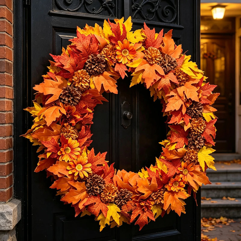 24" Foldable Fall Wreath – Ombre Maple Leaves with Caramel Mums & Sunset Daisies, Collapsible Autumn Decor for Front Door, Mantel & Home