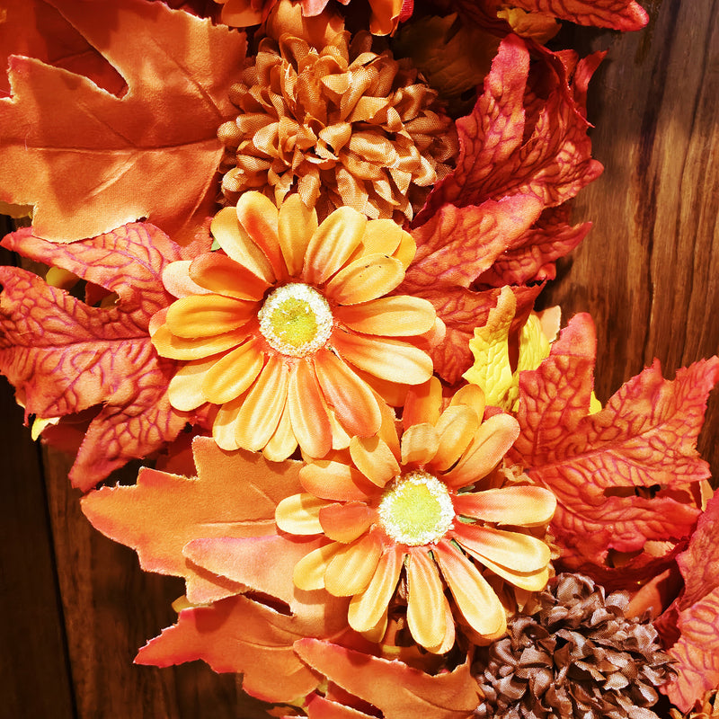 24" Foldable Fall Wreath – Ombre Maple Leaves with Caramel Mums & Sunset Daisies, Collapsible Autumn Decor for Front Door, Mantel & Home