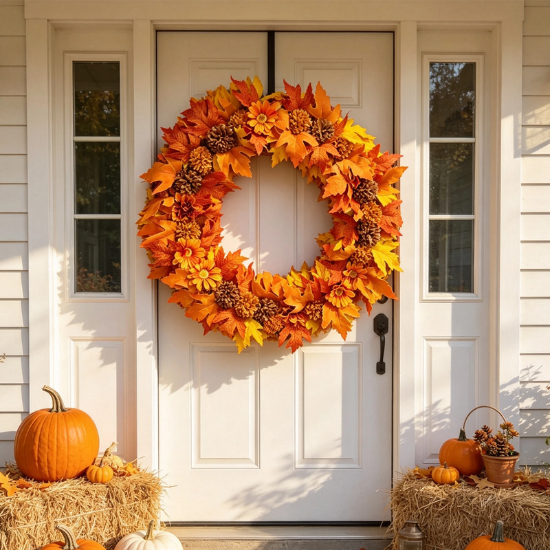 24" Foldable Fall Wreath – Ombre Maple Leaves with Caramel Mums & Sunset Daisies, Collapsible Autumn Decor for Front Door, Mantel & Home