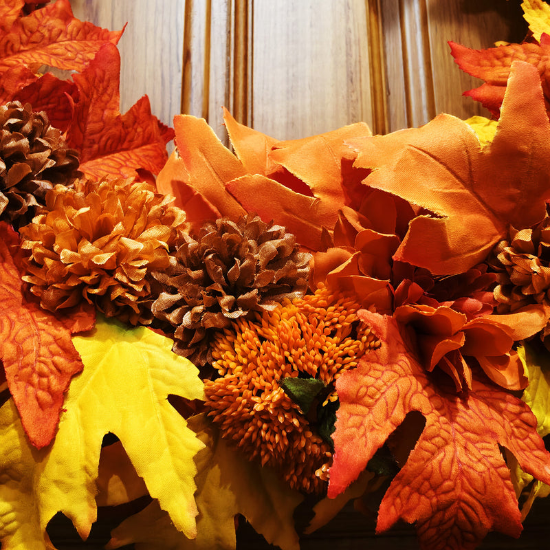 24" Foldable Fall Wreath – Ombre Maple Leaves with Caramel Mums & Sunset Daisies, Collapsible Autumn Decor for Front Door, Mantel & Home