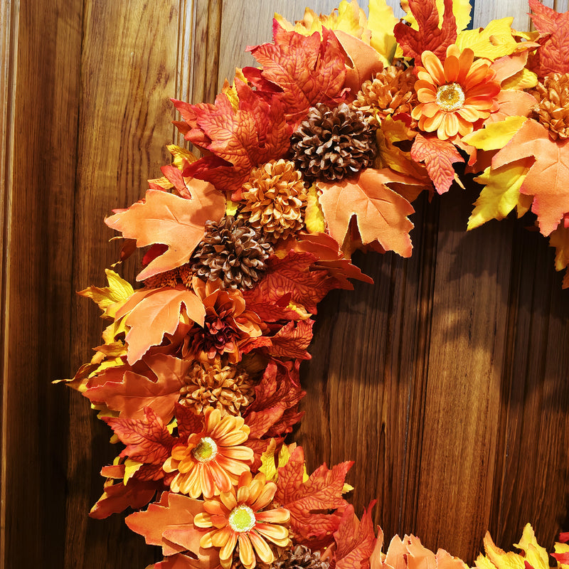 24" Foldable Fall Wreath – Ombre Maple Leaves with Caramel Mums & Sunset Daisies, Collapsible Autumn Decor for Front Door, Mantel & Home
