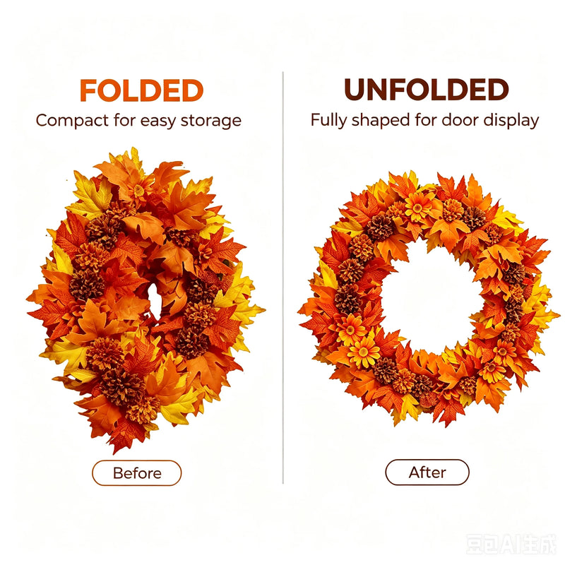 24" Foldable Fall Wreath – Ombre Maple Leaves with Caramel Mums & Sunset Daisies, Collapsible Autumn Decor for Front Door, Mantel & Home