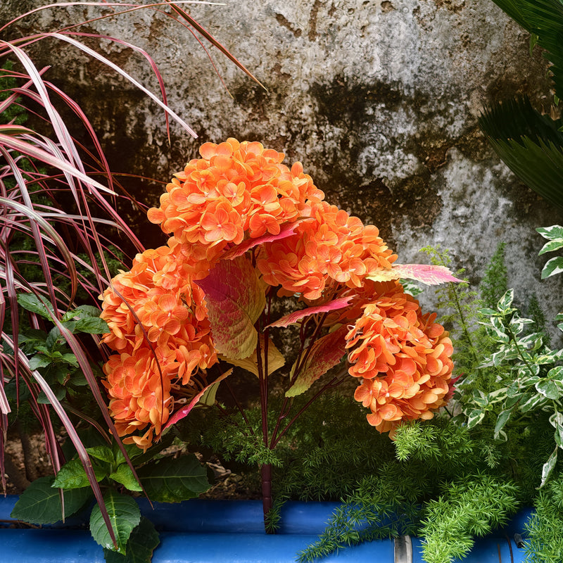 22" Faux Hydrangea Bush  Real Touch Large Flowers in Gradient Sunset Orange, Artificial Floral for Fall Outdoors, Wedding, Autumn Home Decor, Vase Arrangements