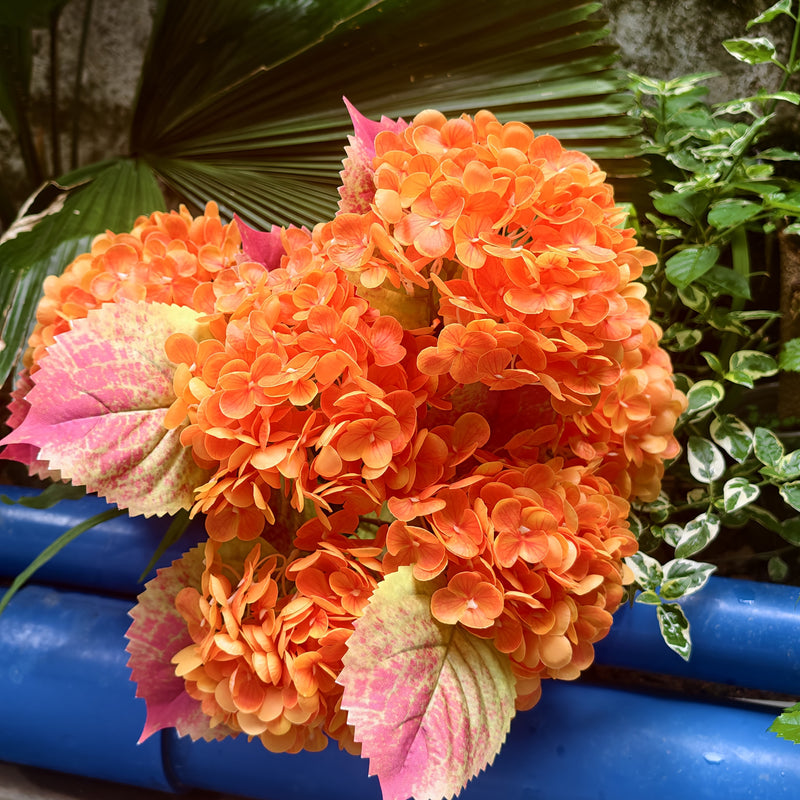 22" Faux Hydrangea Bush  Real Touch Large Flowers in Gradient Sunset Orange, Artificial Floral for Fall Outdoors, Wedding, Autumn Home Decor, Vase Arrangements