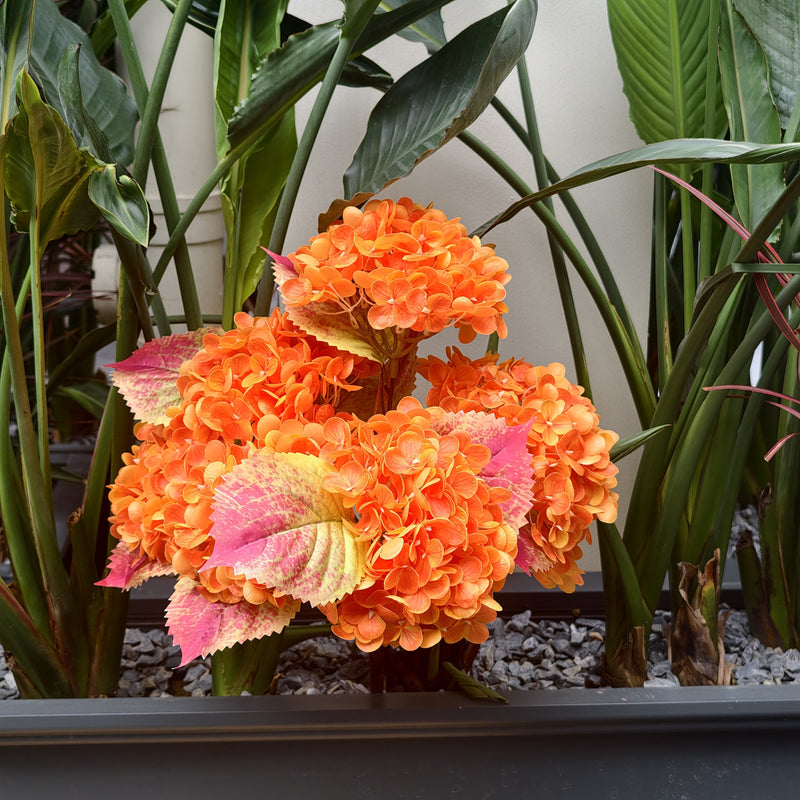 22" Faux Hydrangea Bush  Real Touch Large Flowers in Gradient Sunset Orange, Artificial Floral for Fall Outdoors, Wedding, Autumn Home Decor, Vase Arrangements