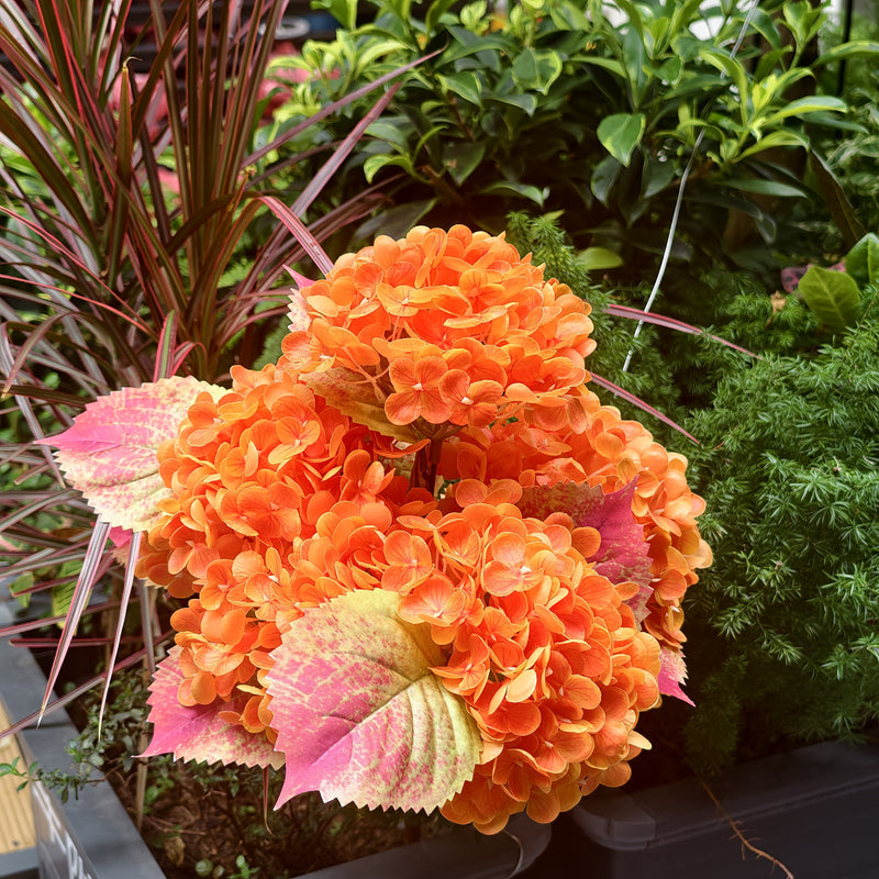 22" Faux Hydrangea Bush  Real Touch Large Flowers in Gradient Sunset Orange, Artificial Floral for Fall Outdoors, Wedding, Autumn Home Decor, Vase Arrangements