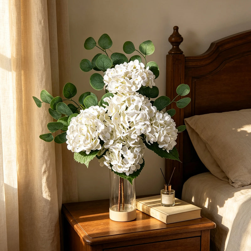 26" Real Touch White Hydrangea & Eucalyptus Bouquet, Lifelike Faux Floral Arrangement for Wedding Centerpieces, Vase Filler, Farmhouse Home Decor