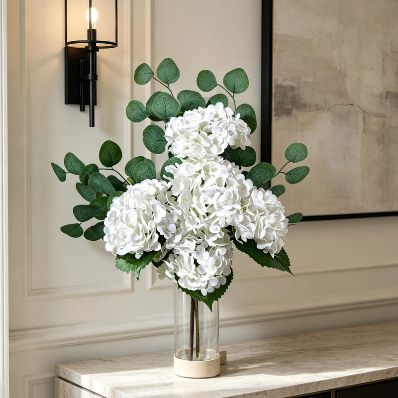 26" Real Touch White Hydrangea & Eucalyptus Bouquet, Lifelike Faux Floral Arrangement for Wedding Centerpieces, Vase Filler, Farmhouse Home Decor