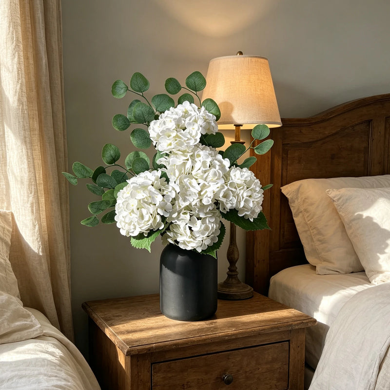 26" Real Touch White Hydrangea & Eucalyptus Bouquet, Lifelike Faux Floral Arrangement for Wedding Centerpieces, Vase Filler, Farmhouse Home Decor