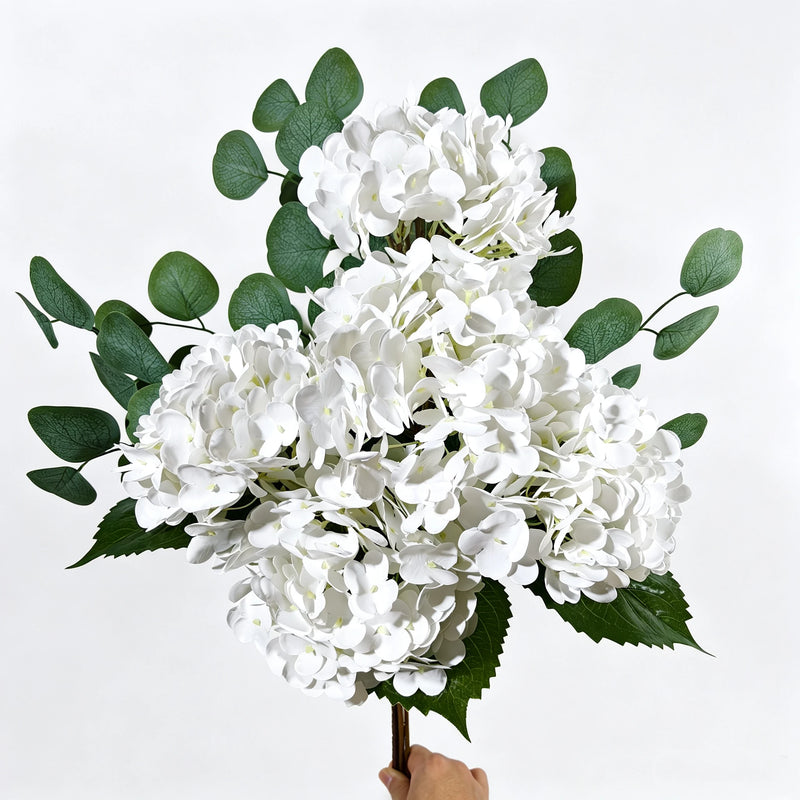 26" Real Touch White Hydrangea & Eucalyptus Bouquet, Lifelike Faux Floral Arrangement for Wedding Centerpieces, Vase Filler, Farmhouse Home Decor