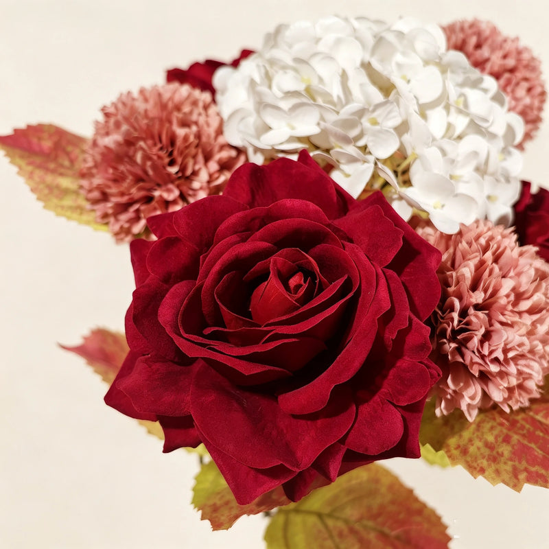 22" Burgundy & Dusty Rose Faux Bouquet, Autumn Mix with Real-Touch Hydrangea & Velvet Roses for Wedding Centerpieces, Fall Home Decor, Vase
