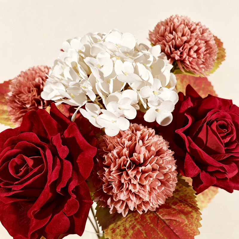 22" Burgundy & Dusty Rose Faux Bouquet, Autumn Mix with Real-Touch Hydrangea & Velvet Roses for Wedding Centerpieces, Fall Home Decor, Vase