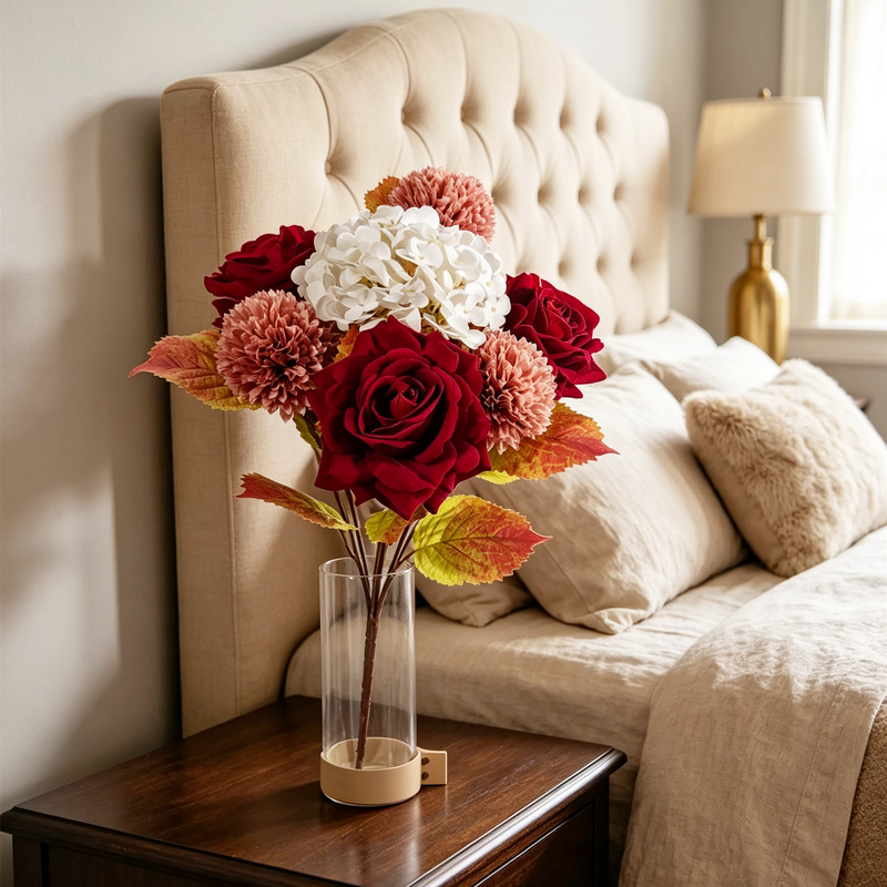 22" Burgundy & Dusty Rose Faux Bouquet, Autumn Mix with Real-Touch Hydrangea & Velvet Roses for Wedding Centerpieces, Fall Home Decor, Vase