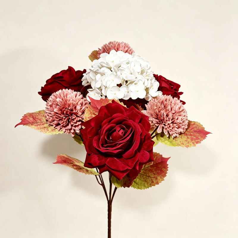 22" Burgundy & Dusty Rose Faux Bouquet, Autumn Mix with Real-Touch Hydrangea & Velvet Roses for Wedding Centerpieces, Fall Home Decor, Vase