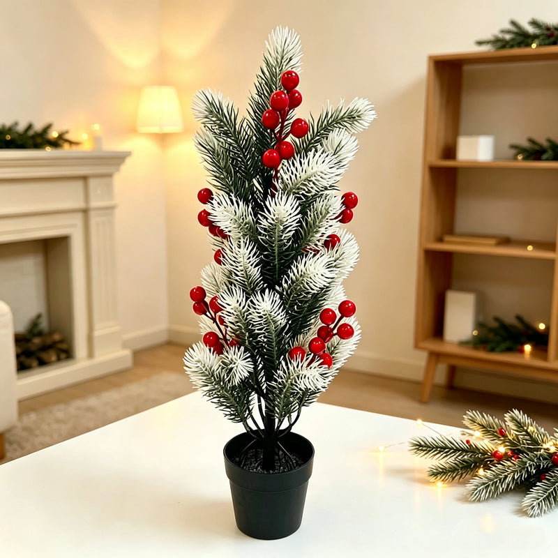 Lifelike Frosted Cedar & Red Berry Plant, Potted or Stake Options, Realistic Winter Greenery for Christmas Decor, DIY Wedding & Event Florals