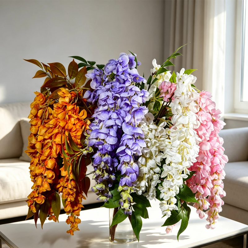 22" Silk Wisteria Bouquet, Long Cascading Stems, Realistic Faux Hanging Flowers for Wedding Arch, Home Decor, DIY Floral Arrangements
