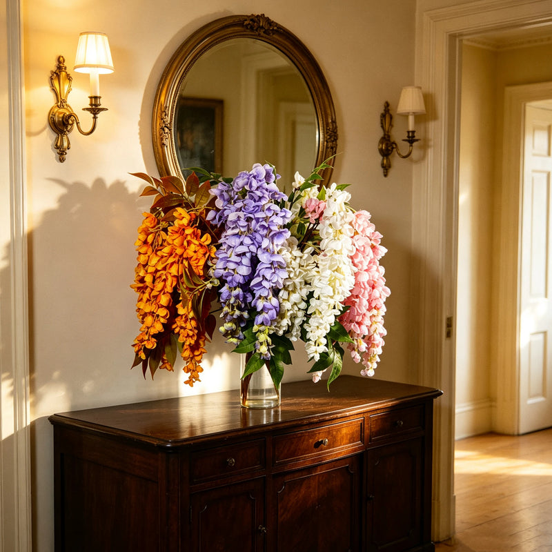 22" Silk Wisteria Bouquet, Long Cascading Stems, Realistic Faux Hanging Flowers for Wedding Arch, Home Decor, DIY Floral Arrangements