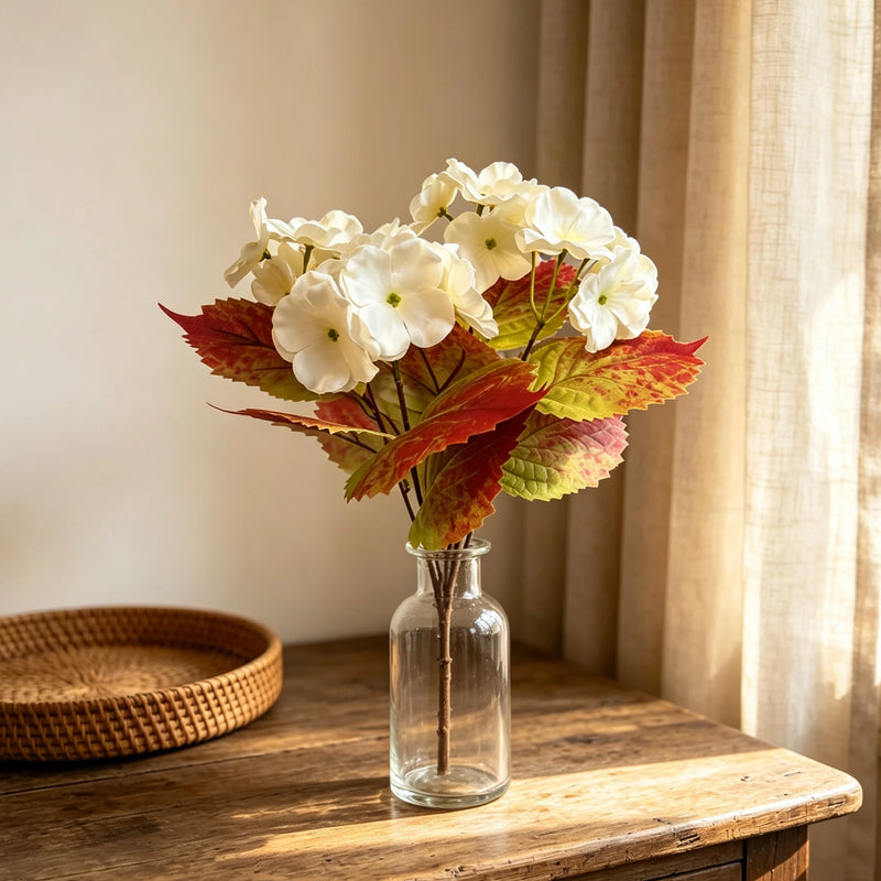 Autumn White Hydrangea Bush | 6-Stem Faux Floral Bouquet for Weddings & Home Decor