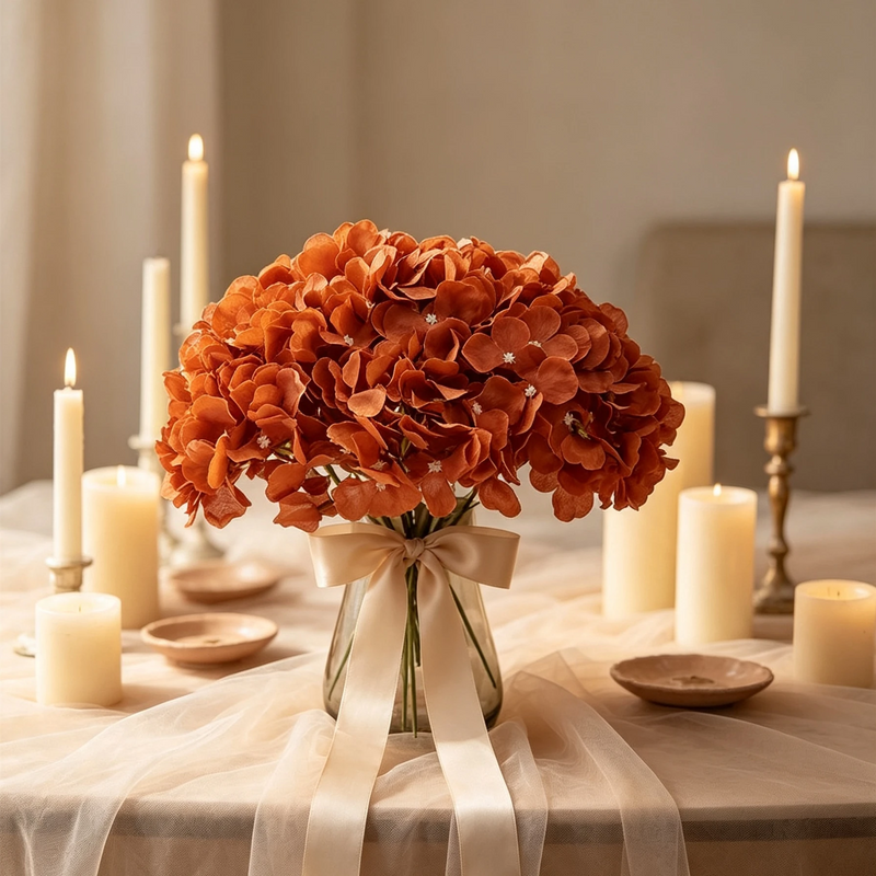 10pcs Amber Caramel Hydrangea Flower Heads, Realistic Silk Flowers with Detachable Stems for Wedding Centerpieces, Bouquets, Home Decor