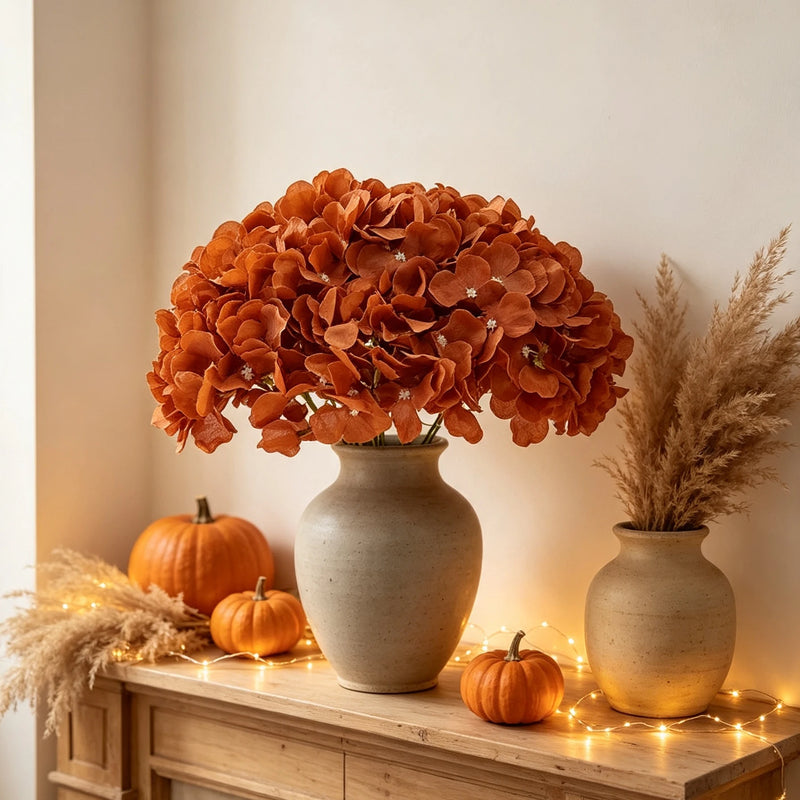 10pcs Amber Caramel Hydrangea Flower Heads, Realistic Silk Flowers with Detachable Stems for Wedding Centerpieces, Bouquets, Home Decor