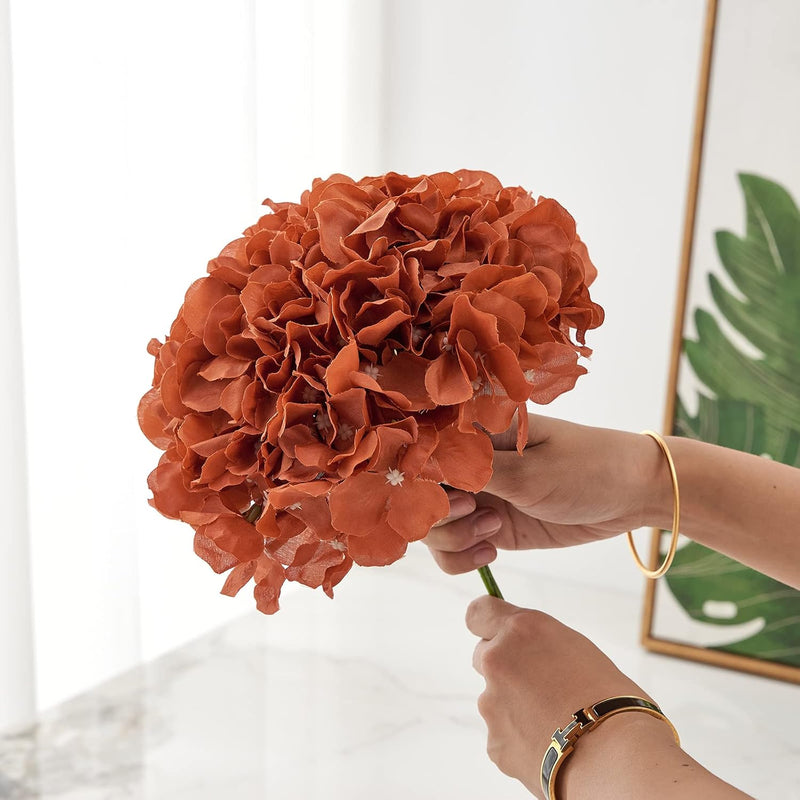 10pcs Amber Caramel Hydrangea Flower Heads, Realistic Silk Flowers with Detachable Stems for Wedding Centerpieces, Bouquets, Home Decor