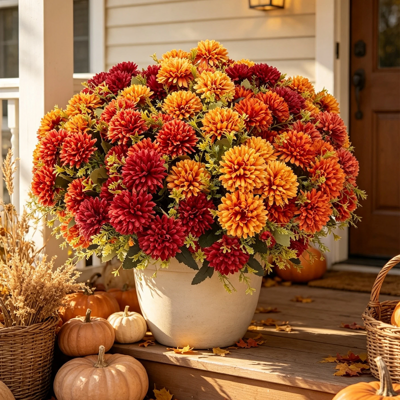 16 Pcs Bulk Artificial Fall Mums, 12" UV Resistant Outdoor Chrysanthemums in Rich Autumn Hues, Fake Flowers for Porch Decor, Weddings & Thanksgiving