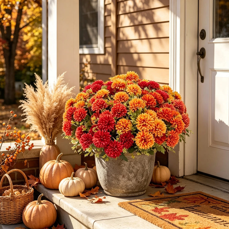 16 Pcs Bulk Artificial Fall Mums, 12" UV Resistant Outdoor Chrysanthemums in Rich Autumn Hues, Fake Flowers for Porch Decor, Weddings & Thanksgiving