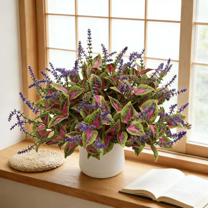 Artificial Coleus Bush, 15" Realistic Burgundy & Green Foliage, UV Resistant Faux Plant for Outdoor Planters, Porch Decor, DIY Wedding Arrangements
