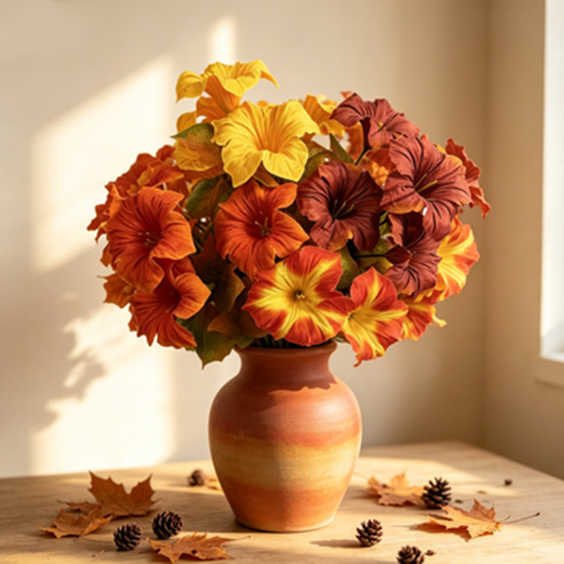 Lifelike Autumn Morning Glory Bush, 12" Faux Flowers, 5 Stems for DIY Wedding Bouquets, Centerpieces, Home & Holiday Decor, Muted Tones