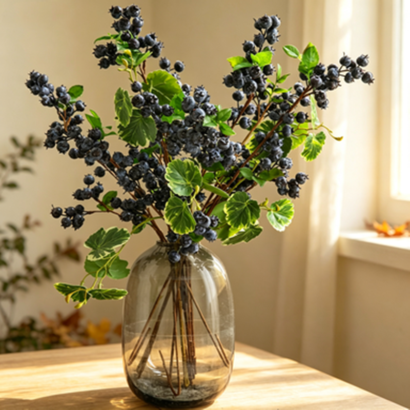 21" Realistic Faux Blueberry Stem, Lifelike Artificial Berry Branch for Vase, Wedding Bouquet, DIY Floral Arrangements, Farmhouse Home Decor