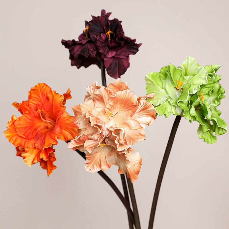 Realistic 28" Faux Clivia & Iris Arrangement, 4-Head PU Touch, Green/Purple/Brown/Orange, Perfect for Home Decor, Weddings, Events