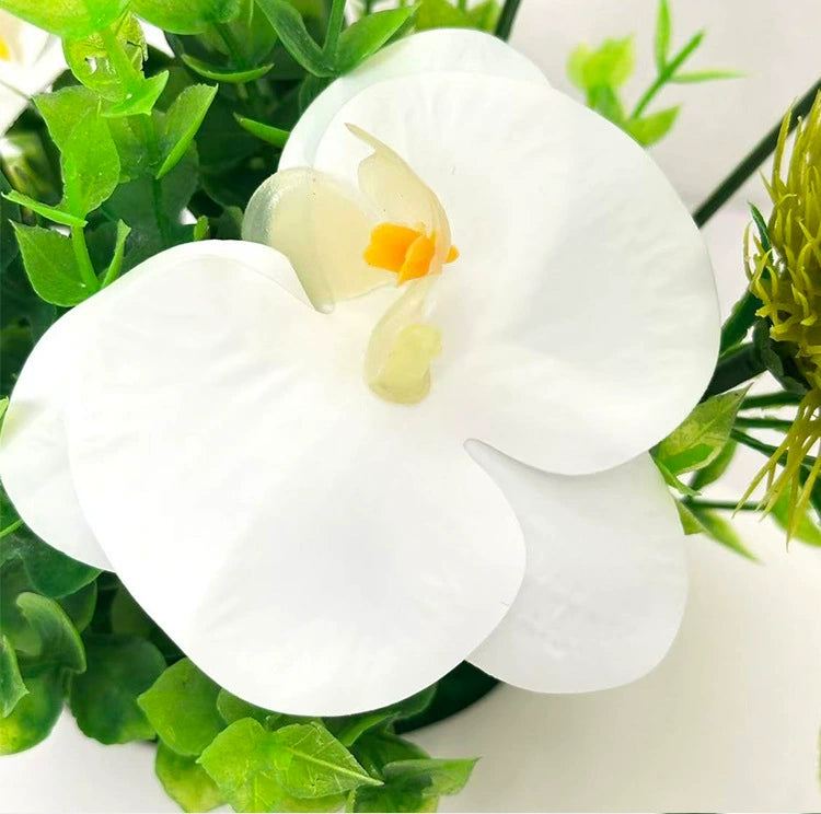 Lifelike White Orchid Arrangement, 8-Inch Faux Phalaenopsis & Chrysanthemum with Eucalyptus, Small Artificial Flower Centerpiece for Home, Wedding & Office Decor
