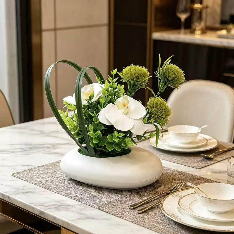Lifelike White Orchid Arrangement, 8-Inch Faux Phalaenopsis & Chrysanthemum with Eucalyptus, Small Artificial Flower Centerpiece for Home, Wedding & Office Decor