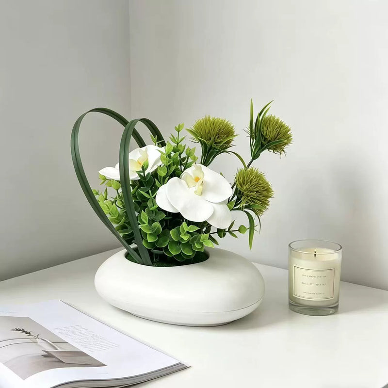 Lifelike White Orchid Arrangement, 8-Inch Faux Phalaenopsis & Chrysanthemum with Eucalyptus, Small Artificial Flower Centerpiece for Home, Wedding & Office Decor