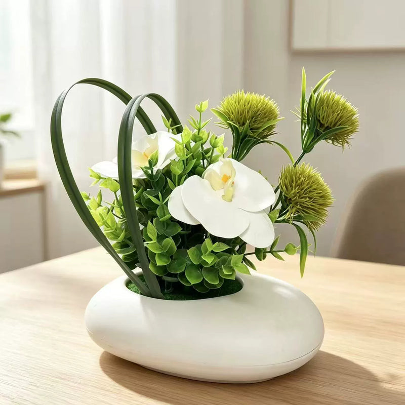 Lifelike White Orchid Arrangement, 8-Inch Faux Phalaenopsis & Chrysanthemum with Eucalyptus, Small Artificial Flower Centerpiece for Home, Wedding & Office Decor