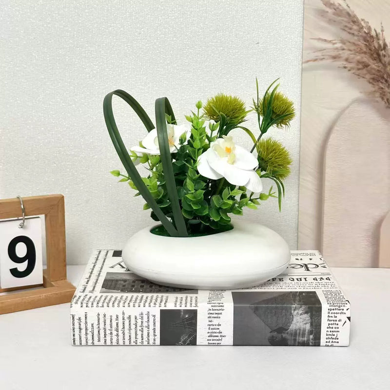 Lifelike White Orchid Arrangement, 8-Inch Faux Phalaenopsis & Chrysanthemum with Eucalyptus, Small Artificial Flower Centerpiece for Home, Wedding & Office Decor