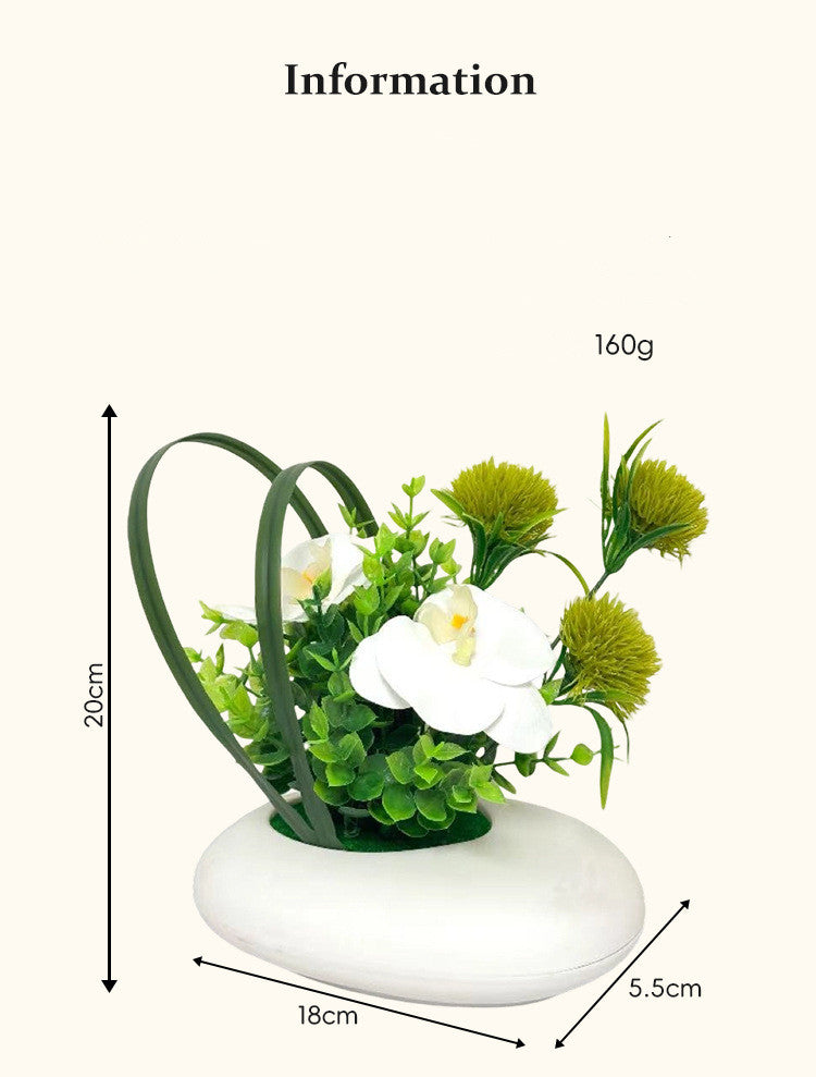 White Faux Orchid Arrangement, 8" Realistic Phalaenopsis & Mums in Modern Saucer Pot, Small Artificial Plant for Home Decor, Wedding Centerpiece, Office Desk