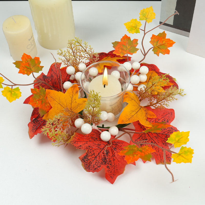 Autumn Candle Ring Wreath, 14 Inch Faux Pumpkin & Berry Centerpiece, Harvest Maple Leaf Decor for Thanksgiving, Halloween, Wedding Table