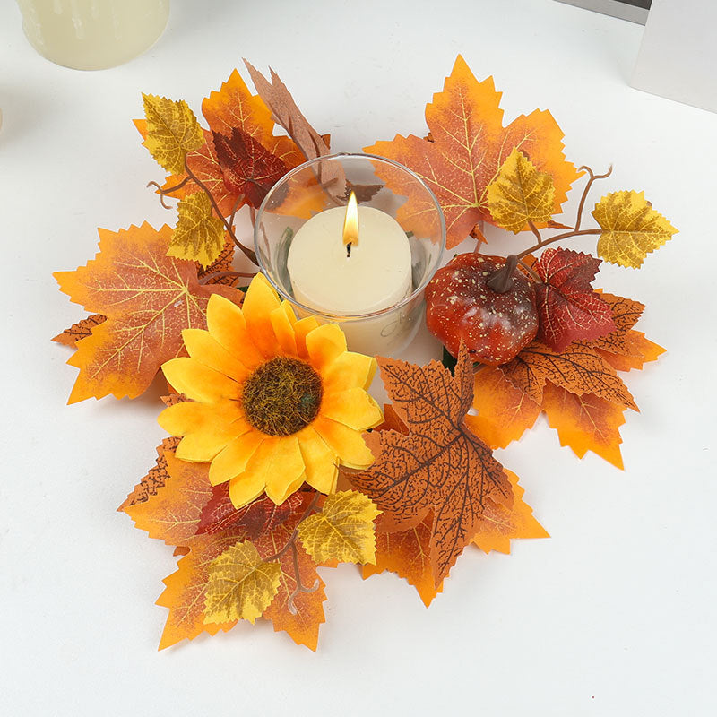 Autumn Candle Ring Wreath, 14 Inch Faux Pumpkin & Berry Centerpiece, Harvest Maple Leaf Decor for Thanksgiving, Halloween, Wedding Table