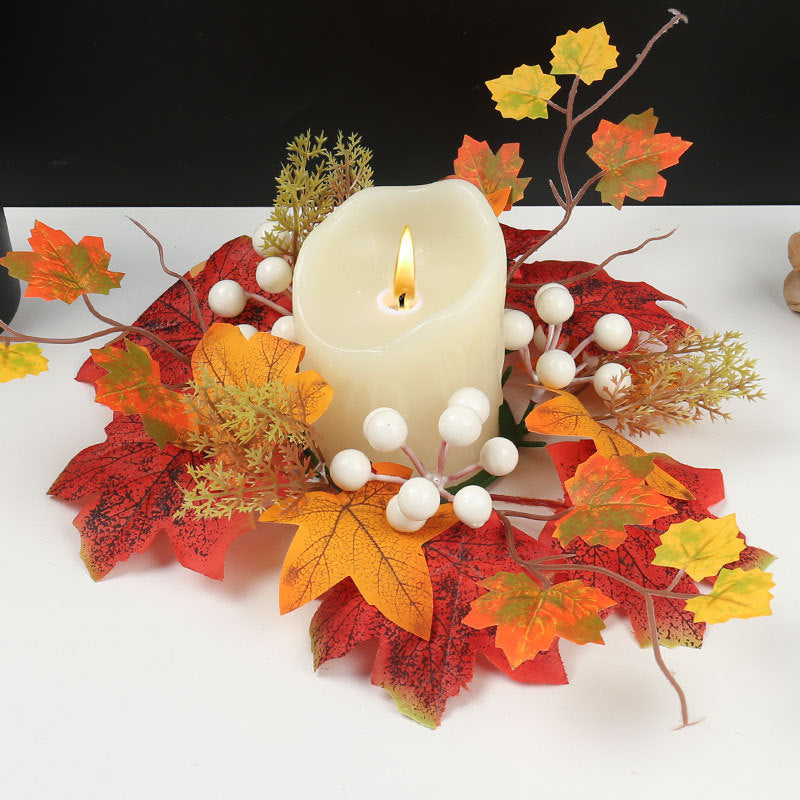 Autumn Candle Ring Wreath, 14 Inch Faux Pumpkin & Berry Centerpiece, Harvest Maple Leaf Decor for Thanksgiving, Halloween, Wedding Table