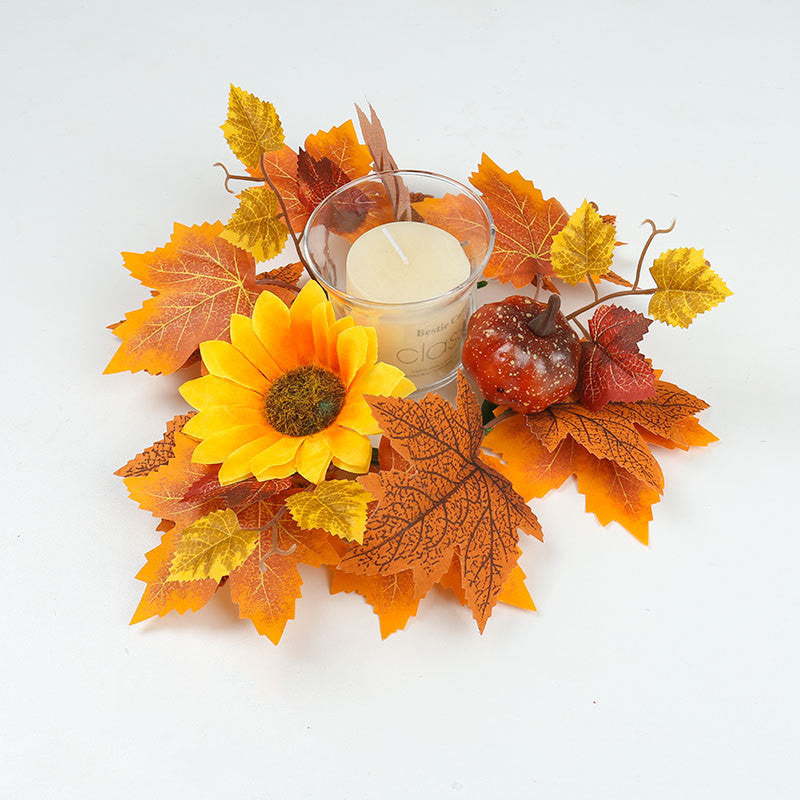 Autumn Candle Ring Wreath, 14 Inch Faux Pumpkin & Berry Centerpiece, Harvest Maple Leaf Decor for Thanksgiving, Halloween, Wedding Table